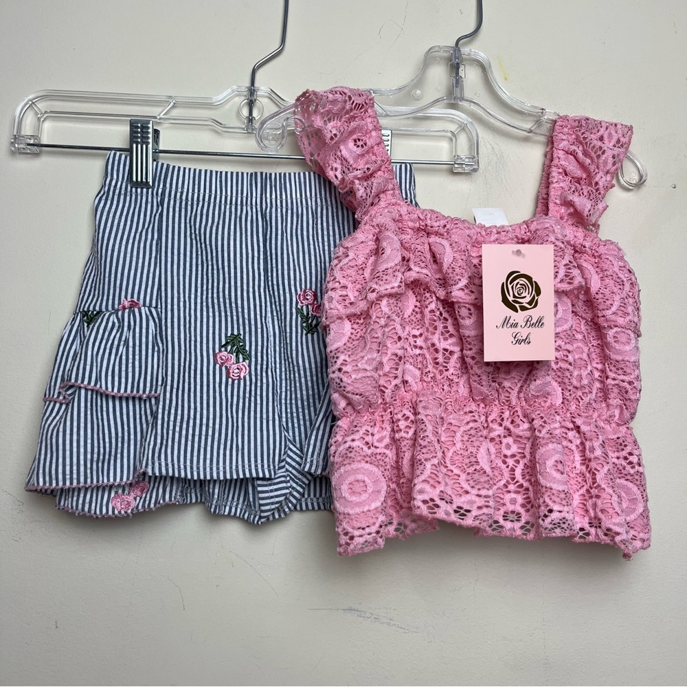 Mia Belle Girls NWT Pink Blue White‎ Set Shorts & Tank 4T/5Y Seersucker Lace